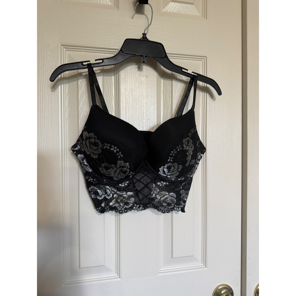 IJAK Women 36D Black Silver Floral Lace Longline Push Up Bustier Bra Underwire